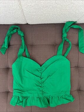 ELA Green Smocked Crop Top w/ Adjustable Ties ~ XS